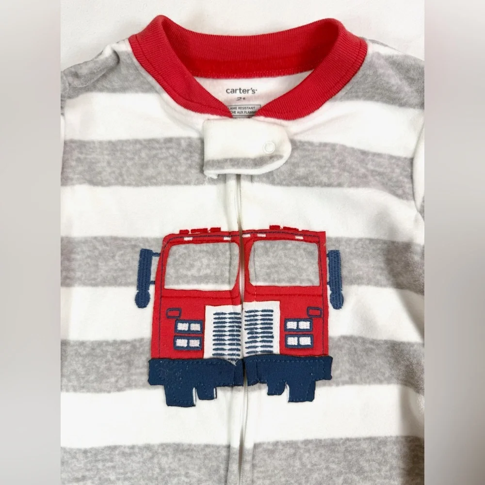 NWT‎ CARTER'S Toddler Boys' Firetruck Striped Microfleece Footie Pajamas Size 2T